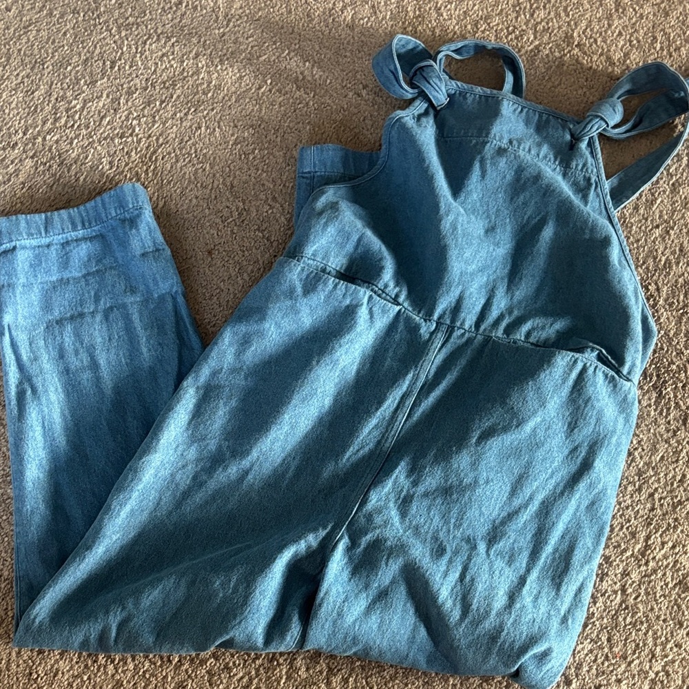 Beaton linen blue denim pull on overalls